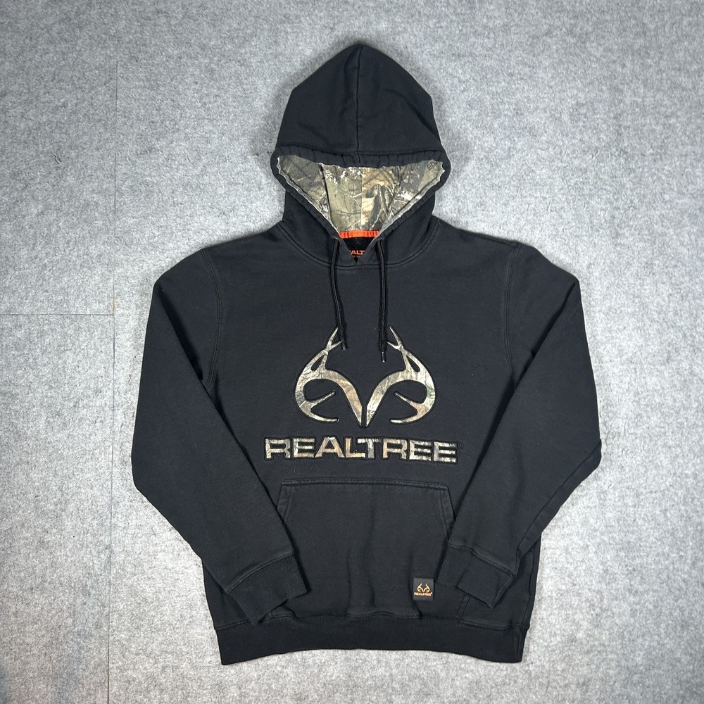 Vintage Realtree Hoodie Mens Medium Black Y2K Camo Hunting Antler Logo Pullover